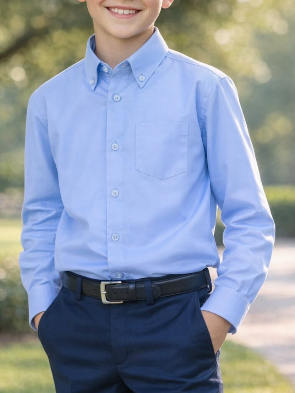SZ 7 FAHIZO Boys Blue Long Sleeve Solid Button-Down Collared Stretch Dress Shirt